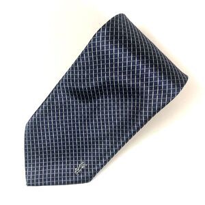Yves Saint Laurent YSL Paris Tie 100% Silk Handmade Blue Geometric Grid Pattern
